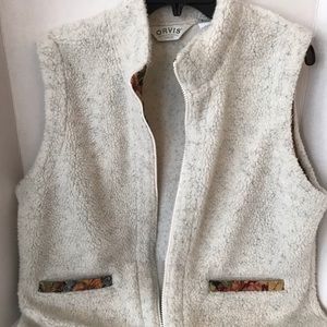 ORVIS oatmeal faux Shearling  vest with brocade
